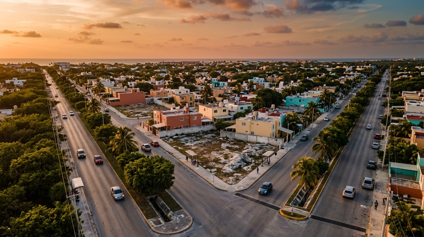 Vista aérea de Cancún con zonas inundables marcadas en el Atlas de Riesgos