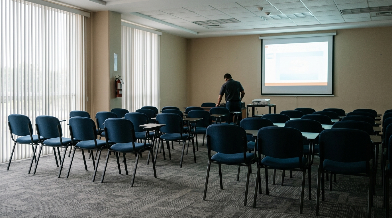 Sillas vacías en aula de capacitación sobre violencia de género en Cancún