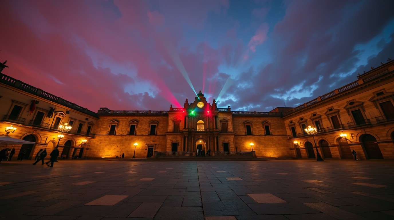 Explanada de la Alhóndiga de Granaditas iluminada al cierre del Festival Cervantino 54