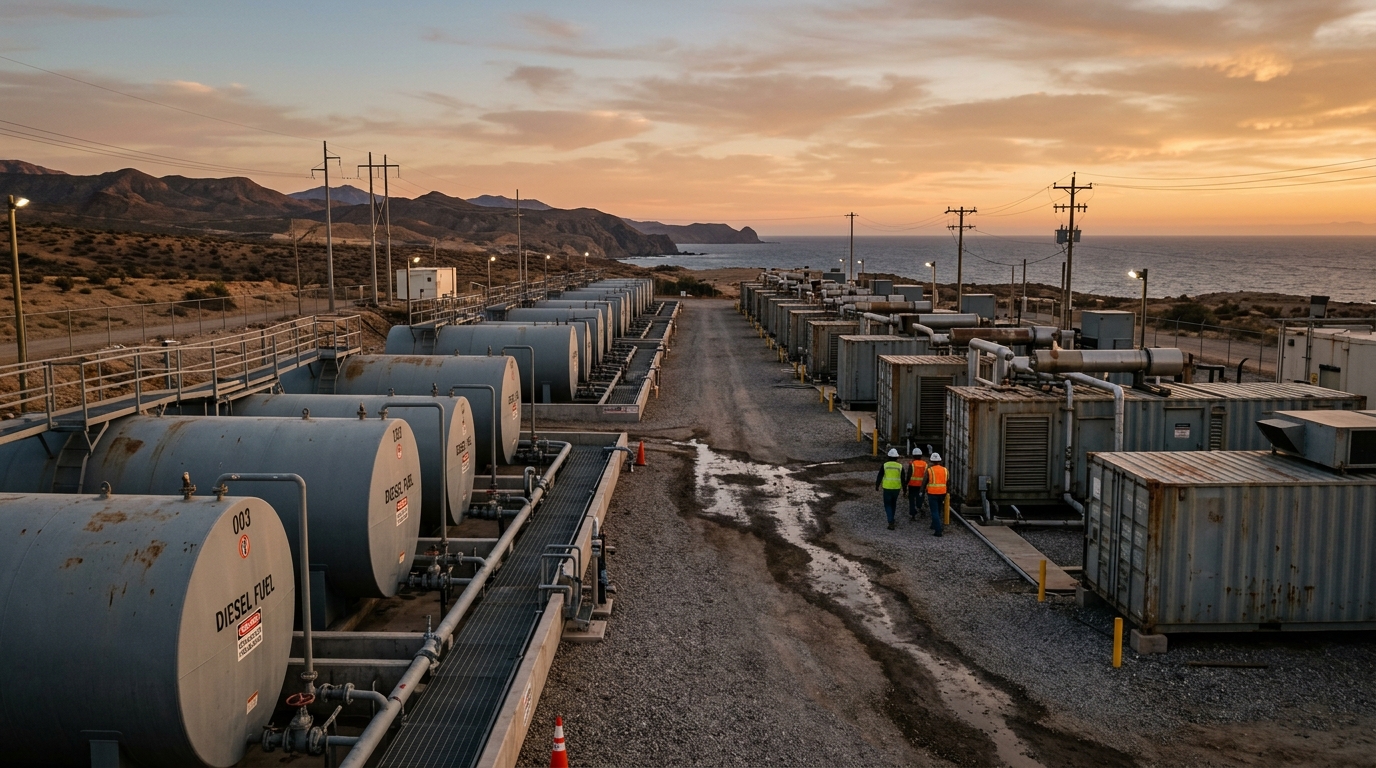 Tanques de almacenamiento de diésel en una central de generación eléctrica al atardecer