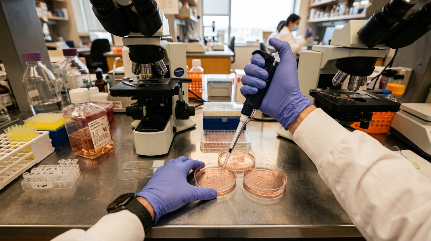 Microscopio de laboratorio con muestras celulares e ilustración de células pancreáticas que producen insulina