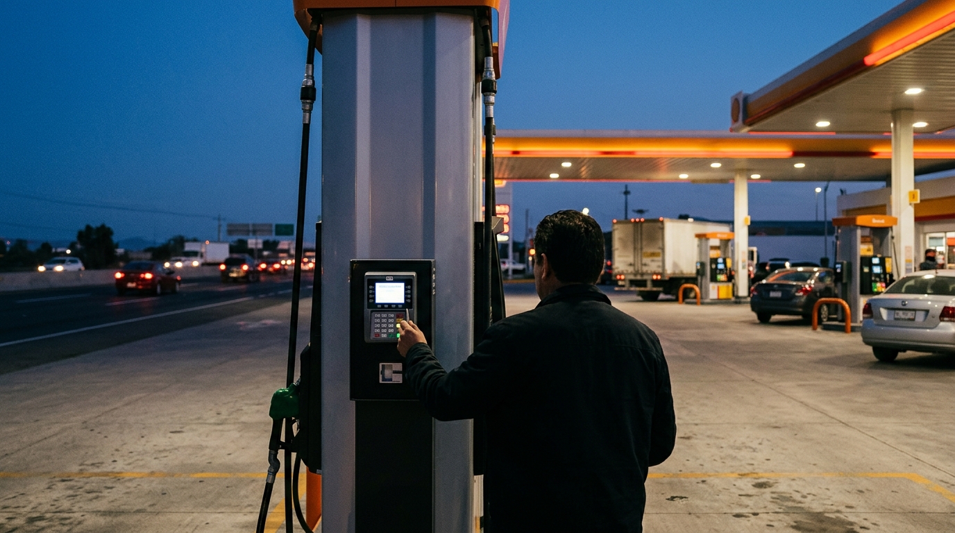 Terminal de pagos digitales en México en una gasolinera al anochecer con luces cálidas