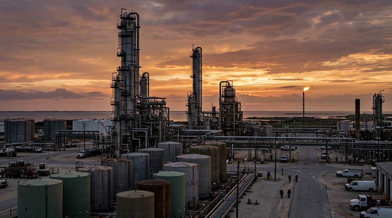 Tanques de almacenamiento de crudo en refinería al atardecer, precio mezcla mexicana en descenso