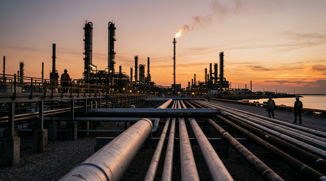 Torres de refinería al atardecer, símbolo del presupuesto 2027 para el sector energético
