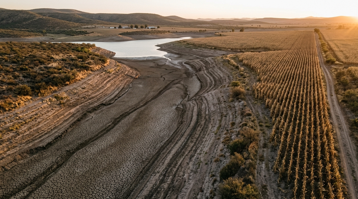 Campo de maíz seco y embalse bajo por el Súper El Niño en México